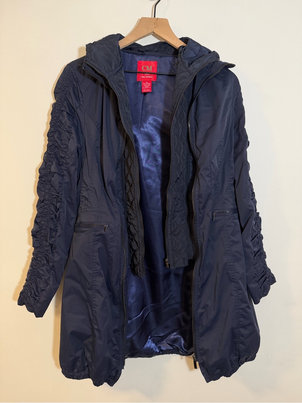Ciao Milano CM 1969 Hooded Rain Jacket Navy Blue Ruched Sleeves Size Medium